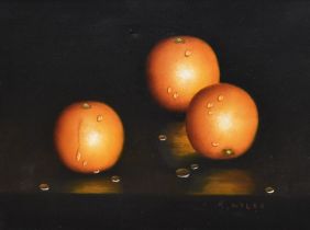 Kenneth Myles (20th Century, American), oil on canvas, Still life with oranges, signed to the