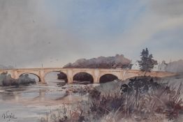 Clive Wylie (20th Century, British), watercolour, The picturesque stone arched bridge at