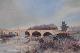 Clive Wylie (20th Century, British), watercolour, The picturesque stone arched bridge at