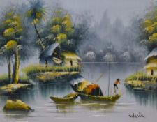 20th Century, acrylic, A pair of Chinese landscape paintings, depicting figures on boats, signed