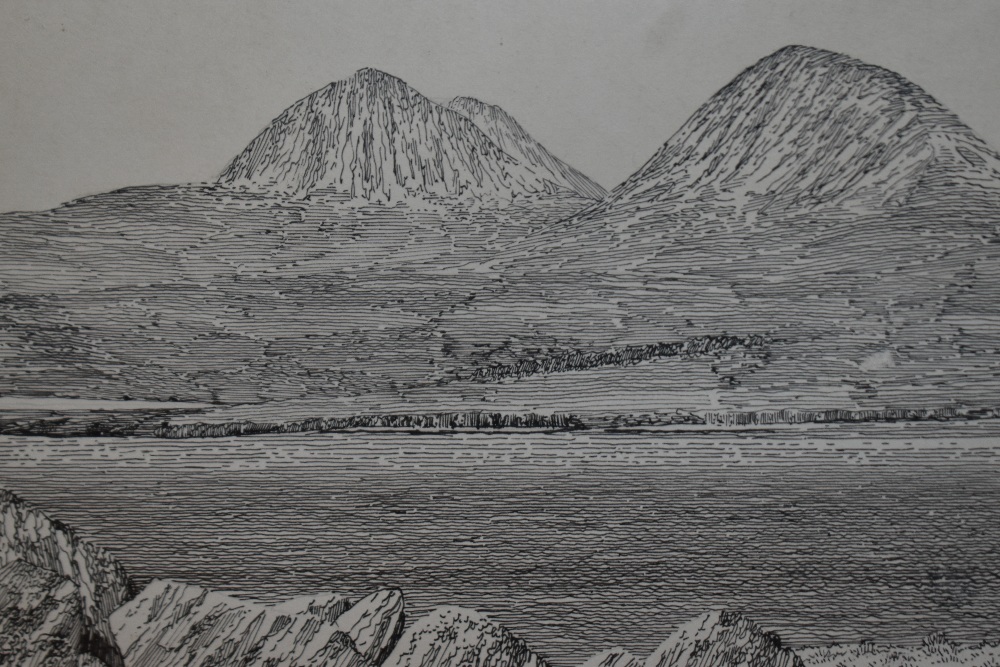 Alfred Wainwright (1907-1991), pen and ink, 'Beinn An Oir and Beinn A' Chaolais', the Paps of