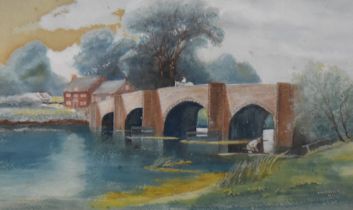 T.W. Harker (20th Century), gouache, A stone arched bridge with fisherman below, signed and dated