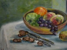 20th Century British School, oil on board, A still life painting entitled 'Afters', Fruit bowl,