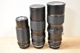 Three Vivitar lenses. An Auto Zoon 1:4,5 75-260mm, a Close Focusing Auto Zoom 1:5 100-300mm and a MC