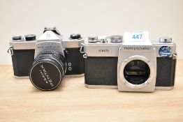 Two cameras. A Mamiya- Sekor camera body No179037 and a Pentax SP500 camera No3317536 with Super-