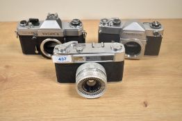 Three Yashica camera bodies. An Electro AX, a J-3 and a Minister III
