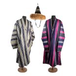 TWO TURKMEN SILK COATS (CHAPAN) AND A MONGOLIAN HAT, CENTRAL ASIA, 20TH CENTURY