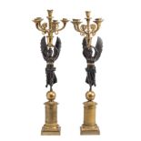 A PAIR OF FRENCH ORMOLU AND PATINATED BRONZE CANDELABRA, PARIS, EARLY 19TH CENTURY