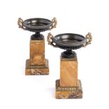 A PAIR OF FRENCH PARCEL-GILT BRONZE TAZZE ON MARBLE PEDESTALS, PROBABLY PARIS, 19TH CENTURY