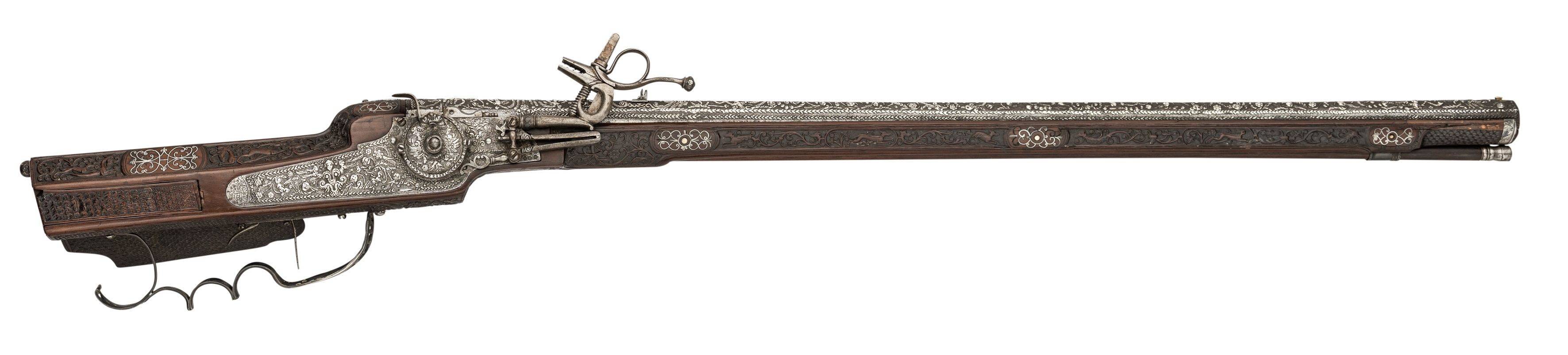 ‡ AN IMPORTANT HIGHLY DECORATED 28 BORE GERMAN WHEEL-LOCK SPORTING RIFLE STOCKED BY THE SO-CALLED - Image 3 of 6