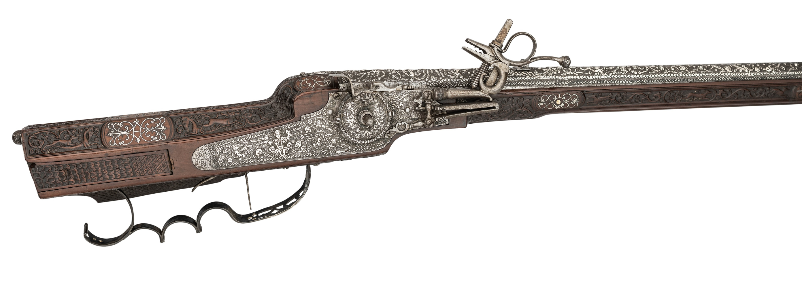 ‡ AN IMPORTANT HIGHLY DECORATED 28 BORE GERMAN WHEEL-LOCK SPORTING RIFLE STOCKED BY THE SO-CALLED