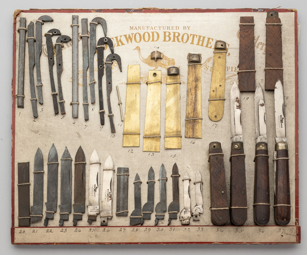 A DISPLAY BOARD FOR THE MANUFACTURE OF A TWO-BLADE POCKET KNIFE ‘PAMPA’, LOCKWOOD BROTHERS, LAST