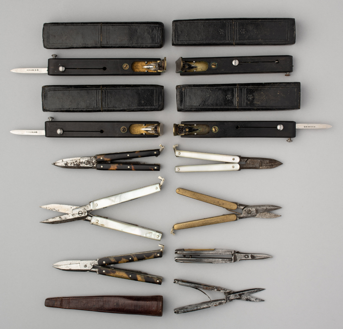 ˜ FOUR JOSEPH RODGERS PATENT QUILL MACHINES AND SEVEN POCKET MANICURE SETS, LATE 19TH/EARLY 20TH