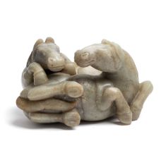 A LARGE CHINESE CELADON JADE 'HORSE' GROUP, LATE QING DYNASTY (1644-1911)