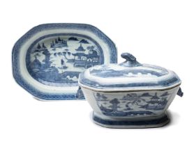 A CHINESE BLUE AND WHITE 'DIANA CARGO' TUREEN, COVER AND STAND, CIRCA 1816