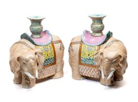 A LARGE PAIR OF CHINESE FAMILLE-ROSE 'ELEPHANT AND VASE' CANDLE-HOLDERS, 20TH CENTURY