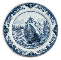 A LARGE CHINESE BLUE AND WHITE 'LANDSCAPE' CHARGER, QING DYNASTY, 18TH CENTURY