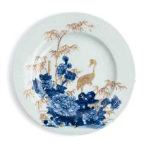 A CHINESE BLUE AND GILT 'CRANE AND BAMBOO' PLATE, QING DYNASTY, YONGZHENG PERIOD (1723-35)