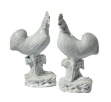 A RARE PAIR OF CHINESE EXPORT WHITE-GLAZED COCKEREL, QING DYNASTY, 18TH CENTURY