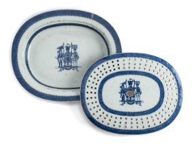 A CHINESE EXPORT ARMORIAL BLUE AND WHITE MEAT DISH AND A STRAINER, CIRCA 1790