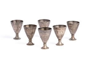 A SET OF SIX OTTOMAN SILVER COFFEE-CUP HOLDERS (ZARFS), CIRCA 1900