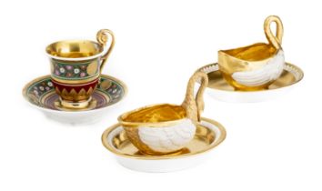 TWO 'PARIS PORCELAIN' SWAN SAUCEBOATS ON STANDS, LATE 19TH CENTURY