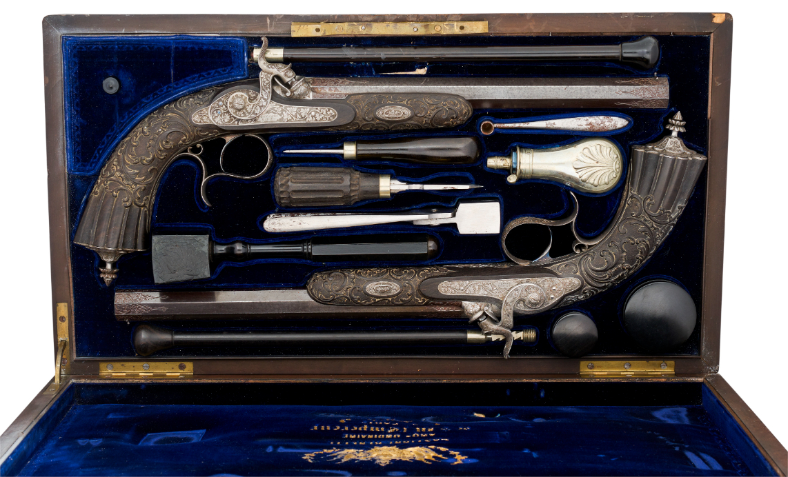 ˜ A CASED PAIR OF 40 BORE PERCUSSION RIFLED TARGET PISTOLS BY GASTINNE RENETTE ARQR DE L' EMPEREUR