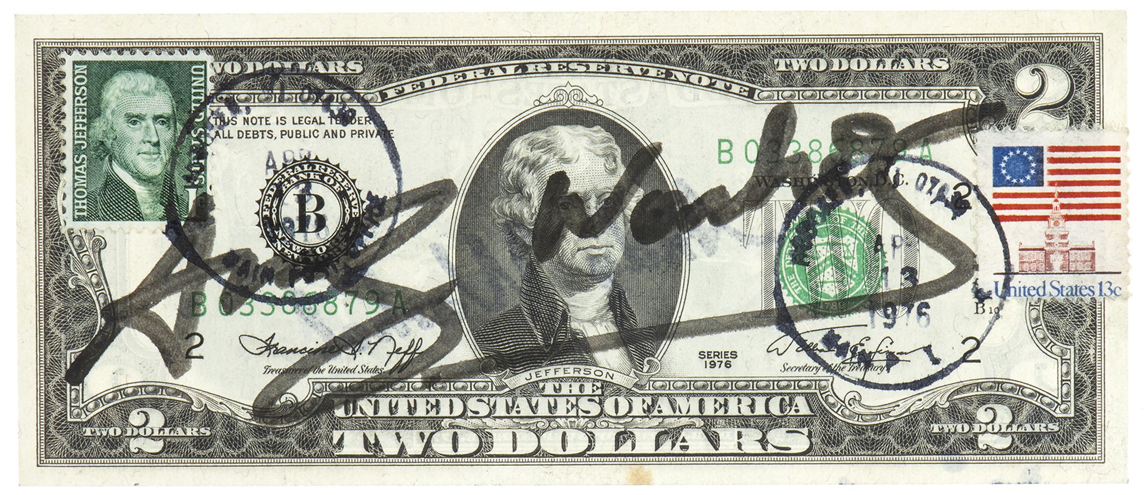 ANDY WARHOL (Pittsburgh, 1928 - New York, 1987): Two dollars (Thomas Jefferson), 1976