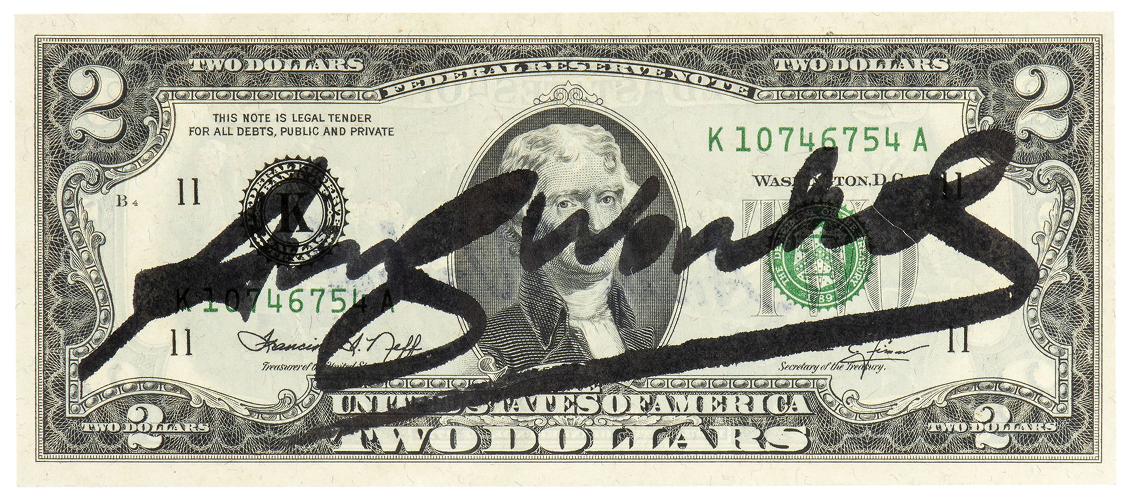 ANDY WARHOL (Pittsburgh, 1928 - New York, 1987): Two dollars (Thomas Jefferson), 1976