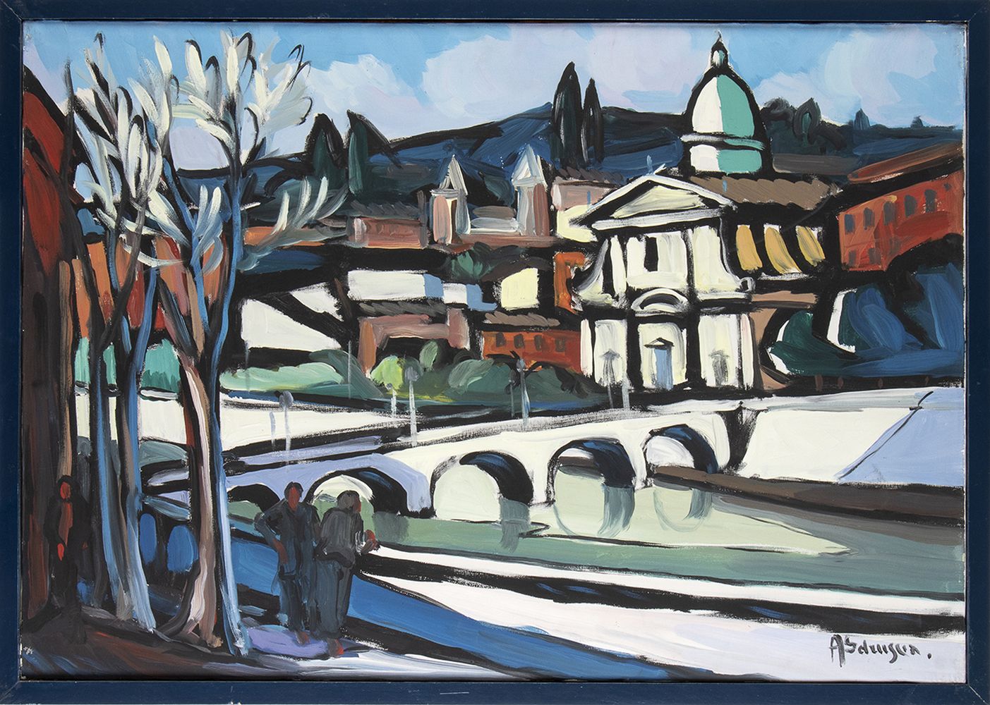 ACHILLE SDRUSCIA (Roma, 1910 - 1994): View from Lungotevere of Principe Amedeo bridge