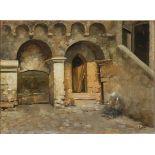 TEMISTOCLE LAMESI (Rome, 1870 - 1957) : Courtyard with peasant