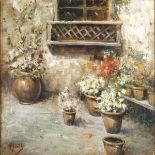VINCENZO IROLLI (Naples, 1860 - 1949): Patio with flower pots