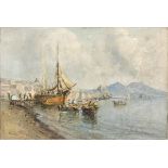 PASINI (XX SECOLO): View on Naples Port with Vesuvio