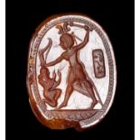 AN EXTRAORDINARY PHOENICIAN - EGYPTIAN CARNELIAN SCARAB. SUBMISSION SCENE WITH A CARTOUCHE.