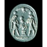 A CLASSICAL PHOENICIAN GREEN JASPER ENGRAVED CUTTED SCARAB. GODS SURROUNDING HORUS AS A CHILD.