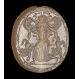 AN EASTERN GREEK LATE ARCHAIC-EARLY CLASSICAL CHALCEDONY SCULPTED AND ENGRAVED SCARABOID SEAL. HEAD