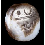 A PALEO-HEBREW AGATE ENGRAVED SEAL. ASTRAL SYMBOLS AND INSCRIPTION.