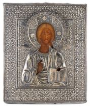 ANDREI MIKHAILOVITCH POSTNIKOV Russian icon depicting Christ Pantocrator with silver riza Moscow