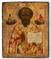 Russian icon depicting St. Nicholas the thaumaturge sided by Jesus and the Virgin. 19th century