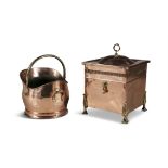 A 19TH CENTURY SQUARE COPPER FUEL BOX AND COVER, with brass ring handle and feet,