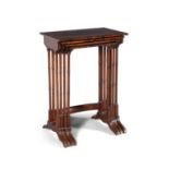 AN EDWARDIAN MAHOGANY AND EBON STRUNG NEST OF QUARTETTO TABLES, of graduated size,