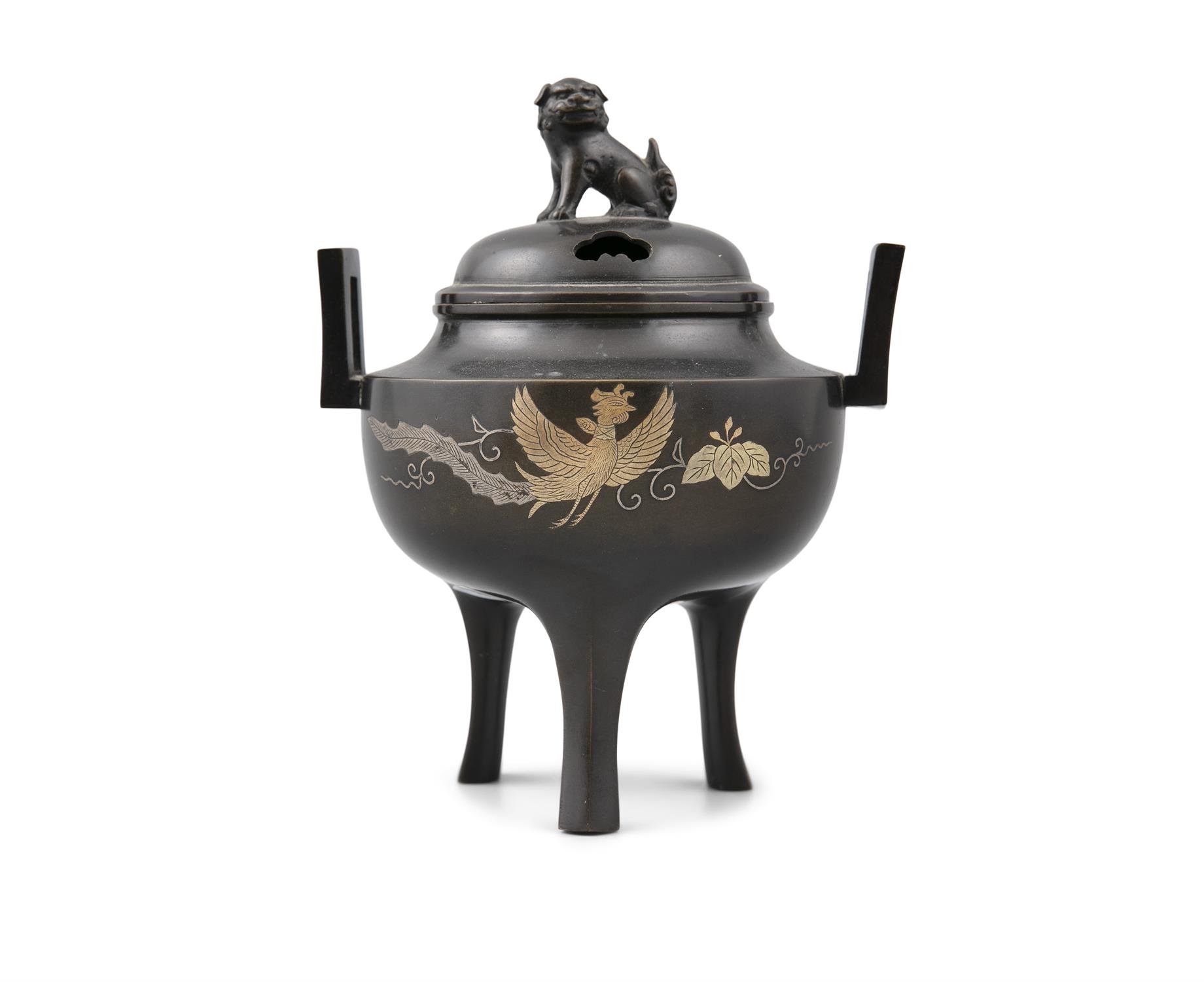 A CHINESE BRONZE AND SILVER INLAID CENSER AND COVER the cover with fo-dog finial and the body