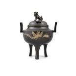 A CHINESE BRONZE AND SILVER INLAID CENSER AND COVER the cover with fo-dog finial and the body