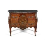 AN ITALIAN SATINWOOD, MARQUETRY AND GILTMETAL MOUNTED BOMBE COMMODE, LATE 19TH CENTURY fitted