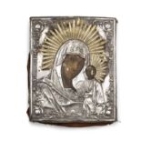 A RUSSIAN SILVER OKLAD OUR LADY OF KAZAN ICON, MOSCOW 1862 84 zoltniks and marker's mark 'P M'