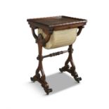 A WILLIAM IV ROSEWOOD RECTANGULAR WORK TABLE with lotus leaf rim and fabric lined pull out well,