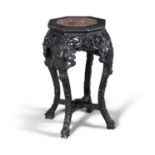 A CHINESE PADOUK AND ROUGUE MARBLE OCTAGONAL JARDINIERE STAND, the platform top with beaded