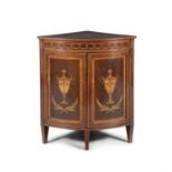 A 19TH CENTURY MAHOGANY SATINWOOD AND MARQUETRY INLAID CORNER CABINET ATTRIBUTED TO EDWARDS AND
