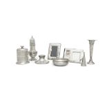 A MISCELLANEOUS COLLECTION OF SILVER ITEMS, comprising a large silver sugar castor, Sheffield c.