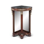A FRENCH EMPIRE STYLE MAHOGANY GILTMETAL AND MARBLE TOPPED CORNER TABLE, 19TH CENTURY,